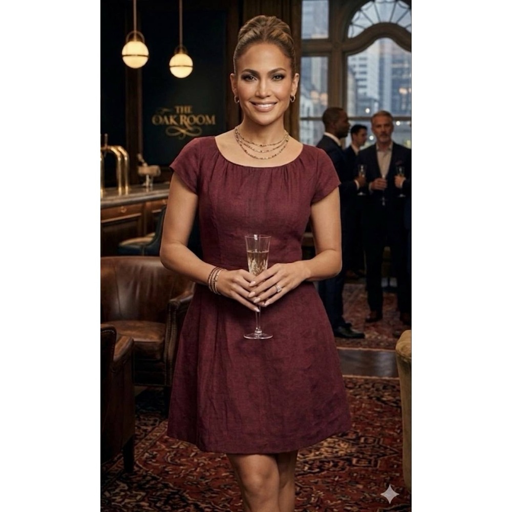 Lands' End Burgundy Linen Fit & Flare Dress Maroon Cap Sleeve Plus‎ 16W